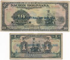 Bolívia 1911. 1B + 10B mindkettő Banco Central De Bolivia 1929-es felülbélyegzéssel T:III  Bolivia 1911. 1 Boliviano + 10 Bolivianos both with Banco Central De Bolivia overprint from 1929. C:F Krause#112,114