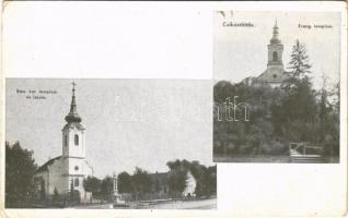 Csikóstőttős, Római katolikus templom és iskola, Evangélikus templom. Koncz-Fotó kiadása (Dombóvár) (EK)
