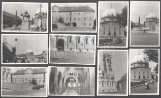 cca 1956 Pécs, 11 db vintage fotó különböző helyszínekről (Széchenyi-tér, Székesegyház és az előtte lévő Dóm-tér), némelyiken járművek (Ikarusz-busz, autók) láthatók, 9x6 cm és 17x12 cm közötti méretekben
