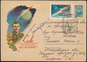 1962 Jurij Alekszejevics Gagarin (1934-1968) szovjet űrhajós autográf aláírása alkalmi bélyegzéssel. Megíratlan / Autograph signature of Yuriy Alekseyevich Gagarin (1934-1968) Soviet astronaut on cover with special cancellation