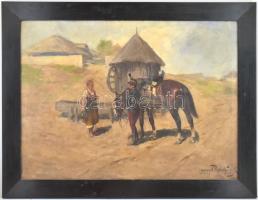 Lengyel-Reinfuss Ede (1873-1942): Katona és a menyecske. Olaj, vászon, jelzett, sérült. Hátoldalán r...