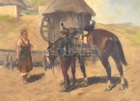 Lengyel-Reinfuss Ede (1873-1942): Katona és a menyecske. Olaj, vászon, jelzett, sérült. Hátoldalán r...