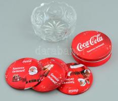 Coca Cola fém/parafa söralátét, jó állapotban, d: 9,5 cm + üveg asztali tálka, d: 11,5 cm