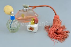 3 db parfümös üveg (porcelán és üveg), kis hibákkal, m: 7, 9 és 11 cm