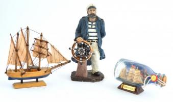 Kis tengerész tétel: mini vitorlás fából, vitorlás üvegben, hajóskapitány, műgyanta figura