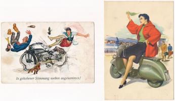 14 db RÉGI képeslap motorokkal és villamosokkal / 14 pre-1945 postcards with motorbikes and trams