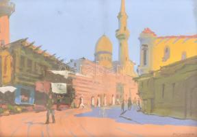 Zsigmond jelzéssel: Arab város. Tempera, papír, közepén hajtásnyommal. Díszes üvegezett fa képkeretben, 22,5x31 cm