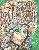 Fazekas János jelzéssel: Tigrisfejű nő. Olaj, vászon, hátoldalán jelzett, 30x24 cm