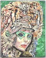 Fazekas János jelzéssel: Tigrisfejű nő. Olaj, vászon, hátoldalán jelzett, 30x24 cm