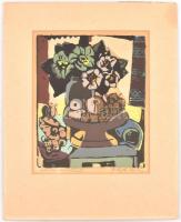 Hajdú jelzéssel: Almás csendélet. Színes linómetszet, papír, paszpartuban, 30x24,5 cm