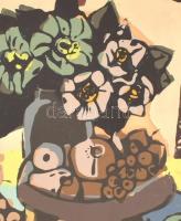 Hajdú jelzéssel: Almás csendélet. Színes linómetszet, papír, paszpartuban, 30x24,5 cm