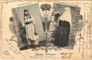 Plevlja, Plevlje; Türkische Zigeunerin, Türkische Frau auf der Strasse, Volkstypen / Turkish gypsy and woman, folklore. Art Nouveau