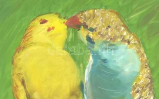 Olvashatatlan jelzéssel. Papagáj pár. Olaj, karton, fa keretben. 39x30 cm