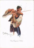 1930 Der Zigeuner-Keller in Nebenhause der Conditorei Wien / Viennese restaurant and inn advertising art postcard with Gypsy violinist (kis szakadás / small tear)