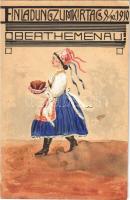 1910 Einladung zum Kirtag Oberthemenau / Invitation to the Kirtag in Oberthemenau (Charvátská Nová Ves, Breclav), Moravian folklore fair advertising art postcard (EK)