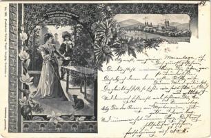 1898 Die Trompete fällt ihr jählings von der Lippe blüh'ndem Rand. Postkarten-Verlag Vogel No. 180. Art Nouveau, floral. artist signed (cut), 1898 'A trombita hirtelen kiesett az ajkai közül'. Postkarten-Verlag Vogel No. 180. Art Nouveau. s. (vágott)