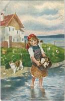In treuer Hut / En bonne garde / Girl with cats. K.V.B. 2660. s: Rudolf Hirth du Frenes