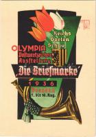 1936 Reichsgartenschau Olympia Postwertzeichen Ausstellung Die Briefmarke Dresden 1. bis 16. Aug / German Olympia Postage Stamp Exhibition in Dresden advertising art postcard, coat of arms. Philately s: Lehnert + So. Stpl.
