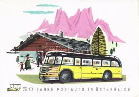 1907-1957 50 Jahre Postauto in Österreich / 50th anniversary of the post automobile in Austria, post bus, advertising art postcard s: Harnisch + So. Stpl. (EK)