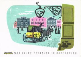 1907-1957 50 Jahre Postauto in Österreich / 50th anniversary of the post automobile in Austria, coach, advertising art postcard s: Harnisch + So. Stpl.