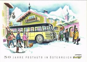 1907-1957 50 Jahre Postauto in Österreich / 50th anniversary of the post automobile in Austria, post bus, advertising art postcard s: Harnisch + So. Stpl.