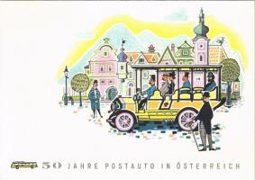 1907-1957 50 Jahre Postauto in Österreich / 50th anniversary of the post automobile in Austria, advertising art postcard s: Harnisch + So. Stpl.