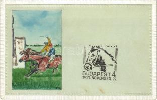 Hand-drawn and colored horse race art postcard s: B. A.