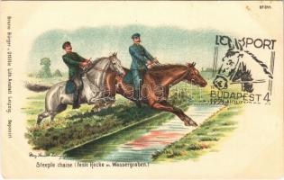 Steeple chaise (Feste Hecke m. Wassergraben) / Steeplechase, horse race art postcard. Bruno Bürger u. Ottillie Lith. Anstalt No. 844. litho. artist signed + 1971 Ló-Sport Budapest (EK)