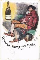 1903 Gruss von Kempinski Berlin. Serie I. No. 3. / German restaurant advertising art postcard, drunk man with champagne s: Edmund Fürst (small tear)