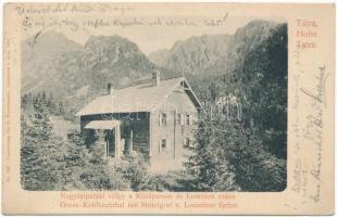 1901 Tátra, Vysoké Tatry; Nagytarpataki völgy a Középorom és Lomniczi csúcs, menház / valley and mountain peak, rest house