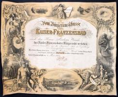 1853 Kaiser-Franzensbad polgári oklevél. Nagy méretű litográfia. Hajtott. / Large litho citizen diploma for Kaiser-Franzensbad with the image of the city 55x46 cm