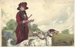 Anna & Gasparini Italian art postcard, lady with dogs s: T. Corbella