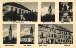 1949 Dombóvár, Állami polgári fiúiskola, Római katolikus templom, Hősök szobra, emlékmű, Evangélikus templom, Református templom, Gimnázium (EK)