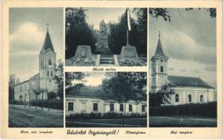 1943 Orgovány, Római katolikus templom, Hősök szobra, emlékmű, Országzászló, Községháza, Református templom (ragasztónyom / glue mark)