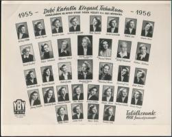 1955-56 Dobó Katalin Közgazdasági Leánygimnázium tanárai és végzett hallgatói, kistabló nevesített portrékkal, IV. A. osztály, hátoldalán a diákok aláírásaival, gyűrődésekkel, törésnyomokkal, 18x22 cm