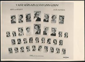 1953 V. ker (Dobó Katalin) Közgazdasági Leánygimnázium tanárai és végzett hallgatói, kistabló nevesített portrékkal, IV. B. osztály, 17x24 cm