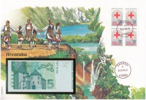 Horvátország 1993. 5K felbélyegzett borítékban, bélyegzéssel T:I  Croatia 1993. 5 Kuna in envelope with stamp and cancellation C:UNC