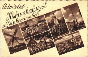 1942 Kiskunhalas, Üdvözlet a Csipkevárosból mozaiklap Országzászlóval, Hősök szobrával és szélmalommal (EB)