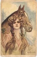 Lady with horse Italian art postcard. Anna & Gasparini 532-2. artist signed,, Hölgy lóval, olasz művészlap. Anna & Gasparini 532-2. s.