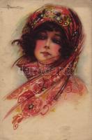 1924 Lady with scarf art postcard. Ross-Monopol 628. artist signed, (wet damage)