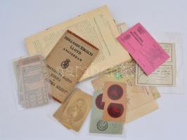 cca 1850-1940 Érdekes papírrégiség gyűjtemény, benne hirdetmények, élelmiszerjegyek, mezógazdasági útmutatások