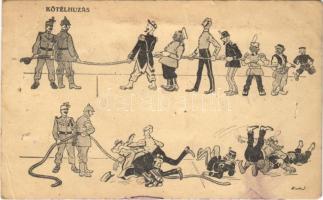 Kötélhúzás - Humoros első világháborús antant-ellenes grafikai lap / WWI Austro-Hungarian K.u.K. military propaganda, Anti-Entente Powers mocking humorous art postcard. Viribus Unitis (lyukak / holes)
