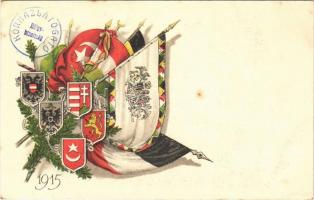 1915 Karácsony a harctéren. A Hadsegélyező Hivatal és a Vöröskereszt Együttes akciója. Központi hatalmak zászlói és címerei / WWI flags and coat of arms of the Central Powers. litho + KÓRHÁZLÁTOGATÓ HÖLGYBIZOTTSÁG