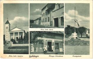 1941 Gyékényes, Római katolikus templom és iskola, Országzászló, Hangya Szövetkezet üzlete (EK)