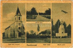 Dunaharaszti, Hősök ligete, Ligeti katolikus templom, Hősök szobra, emlékmű, Országzászló (gyűrődés / crease)