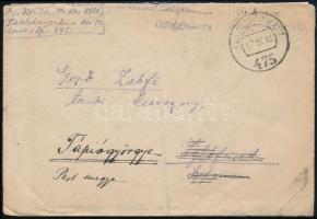 1918 VIII.12 Komlós Aladár (1892-1980) magyar író, költő, műfordító, irodalomtörténész tábori postai levele, amelyet Gerő Zsófiának (1895-1966), Gerő Ödön műkritikus lányának küldött. A levél tartalmaz egy még másfél éve, azaz 1917 első hónapjaiban írt, nem publikált versét: Mint egy gomb, ami leszakadt és elgurul a fűbe s margaréták, sóskák között rozsdállik a sűrűbe. És nem keresi senki más, tíz éve, vagy száz éve már, csak olykor, ha a nap kisüt, kigyúl még a sötét fű közt.... 3 kézzel írt oldal, Komlós Aladár autográf aláírásával, eredeti borítékban.
