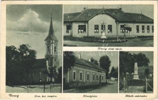 1944 Verseg, Római katolikus templom, Községi elemi iskola, Községháza, Hősök szobra, emlékmű (EK)