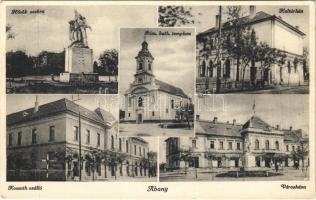 Abony, Hősök szobra, emlékmű, Római katolikus templom, Kultúrház, Kossuth szálloda, Városháza