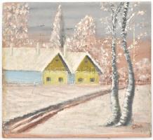 Sztelek jelzéssel. Havas táj (hátoldalán. folyóparti részlet). Olaj, farost, kissé sérült sérült, 35...