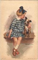 1918 Just between us, Girl with dog art postcard, litho, The Knapp Co. s: Armand Buth + K.u.K. cancellation